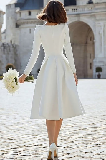 Ivory Long Sleeve A Line Satin Engagement Dress